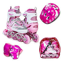 Комплект роликов с защитой и шлемом Happy размер 34-37, Пастельно-розовый, светящиеся колеса