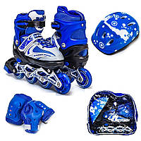 Комплект роликов с защитой и шлемом Happy размер 34-37, Синий, светящиеся колеса