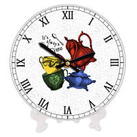 Часы настенные круглые «Чайный сервиз» деревянные с принтом 18 см