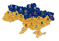 Многослойная настенная карта-пазл 3D Украины из дерева сине-желтая 70х50 см