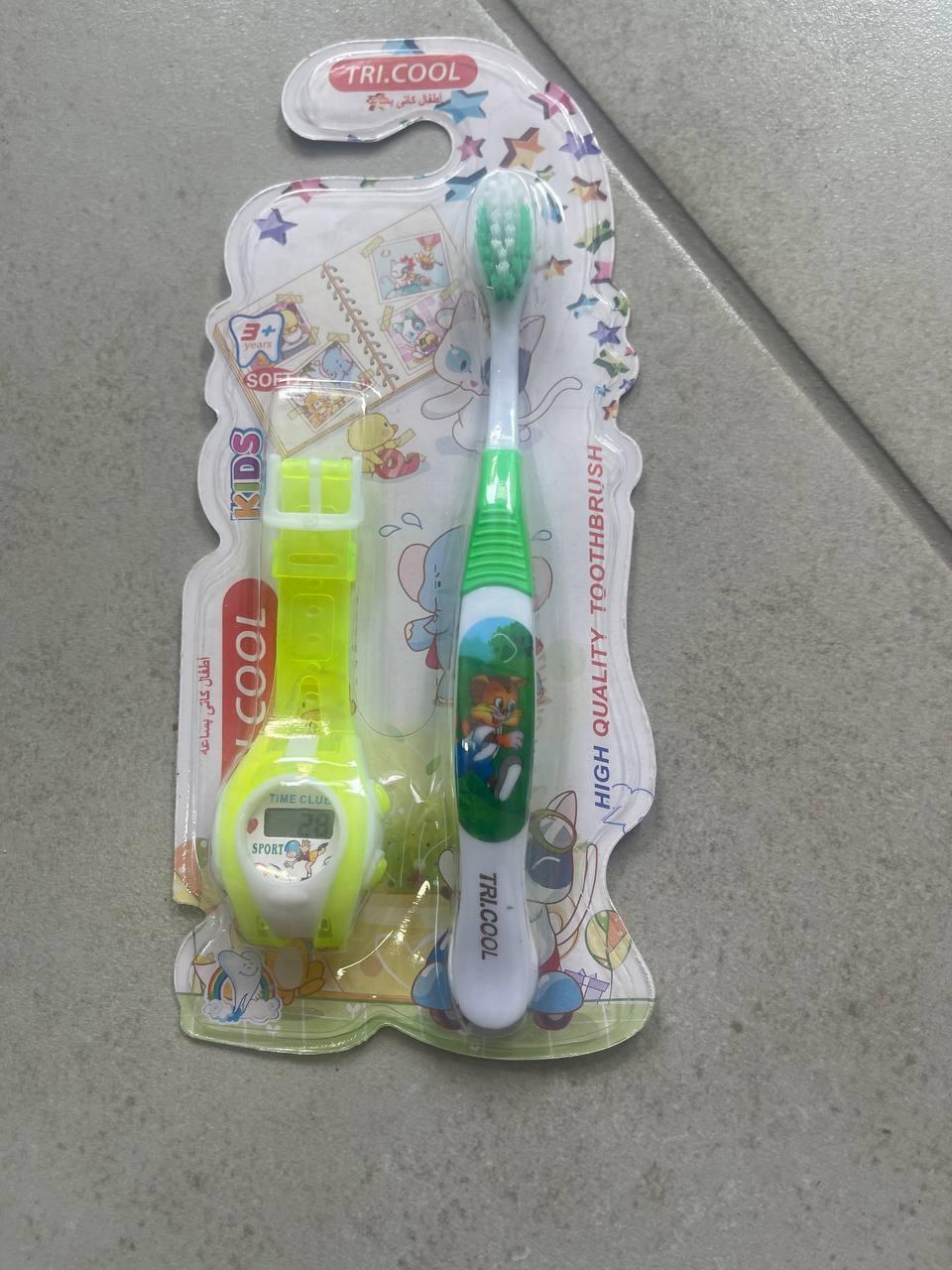 Красива зубна щітка дитяча м'яка з іграшкою наручним годинником, для дітей від 3 років
