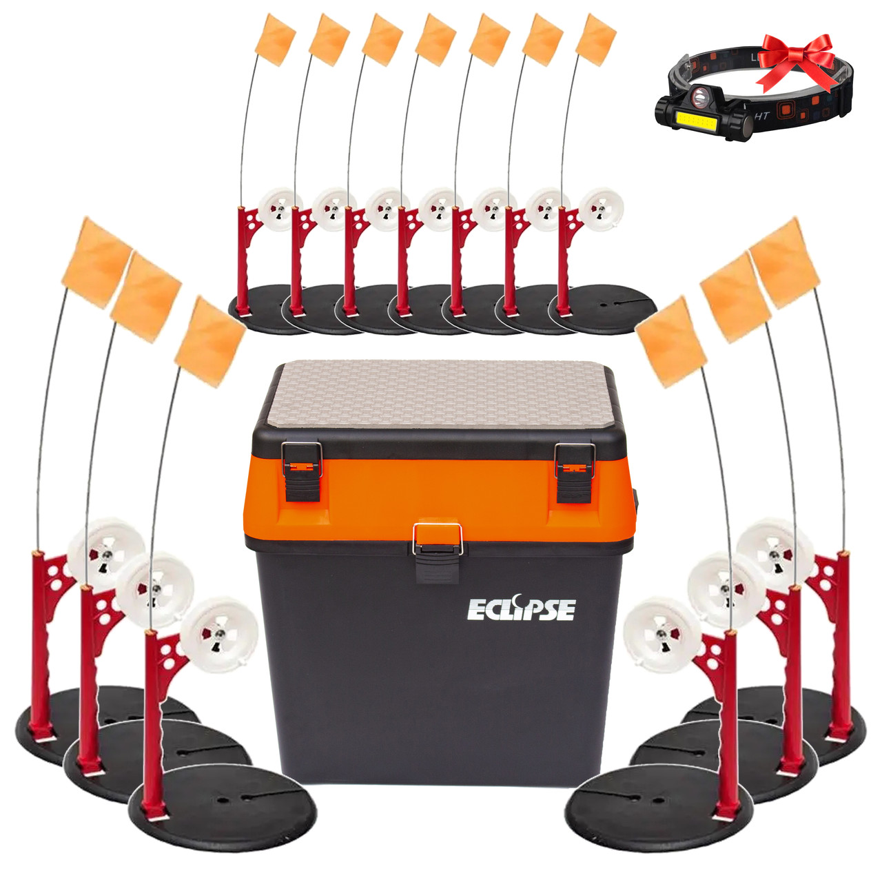 Жерлиця зимова оснащена 5шт ПРОФМОНТАЖ в ящику для риболовлі на щуку помаранчева