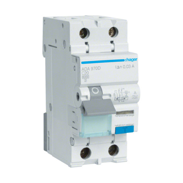 Диференційний автоматичний вимикач Hager 1P+N C-20A 30mA тип A 6kA (ADA970D)