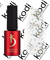No sticky top coat (верхнє покриття без липкого шару) 7 мл. Kodi ART, 15 це прозора основа з додаванням помаранчевих, блакитних та фіолетових пластівців у пастельній гамі.