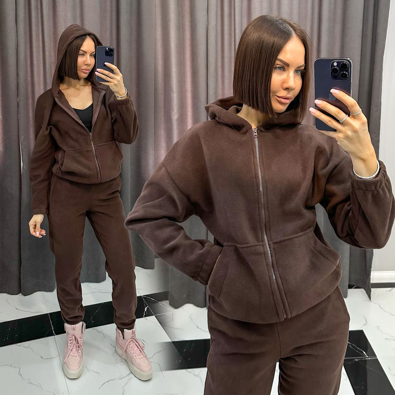 Коричневий жіночий теплий спортивний костюм із капюшоном із турецького флісу, фото 1