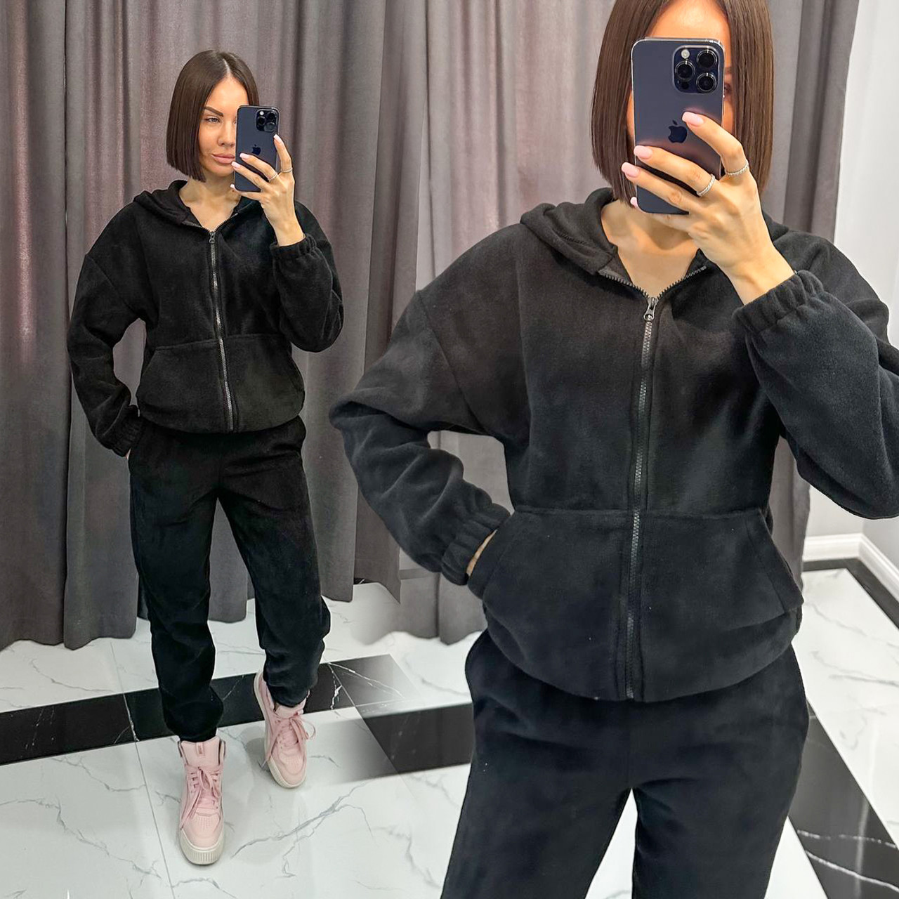 Чорний жіночий теплий спортивний костюм із капюшоном із турецького флісу, фото 1