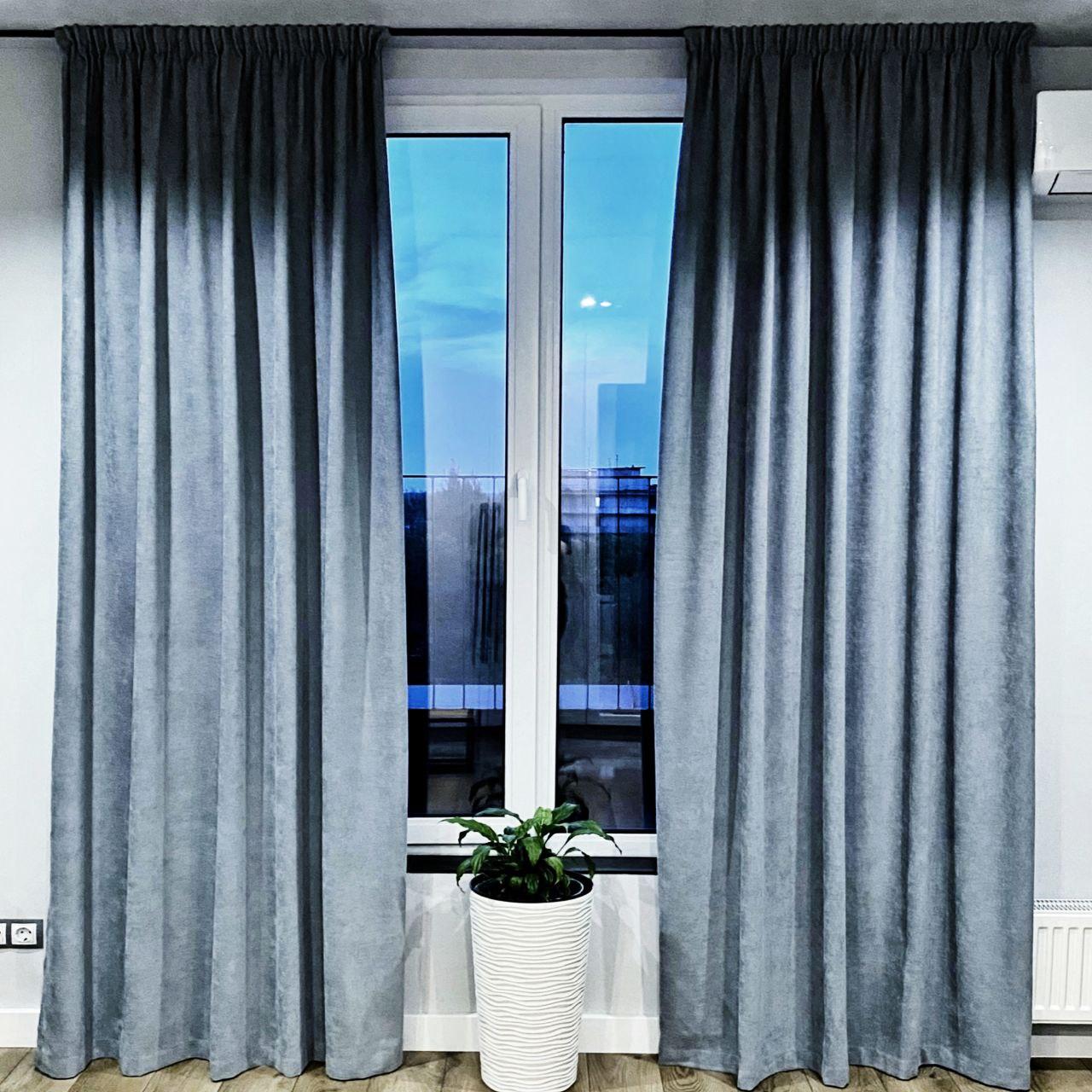 Комплект штори на тасьмі 2 шт ширина-150 висота-250 мікровелюр Сіро-синій, фото 1