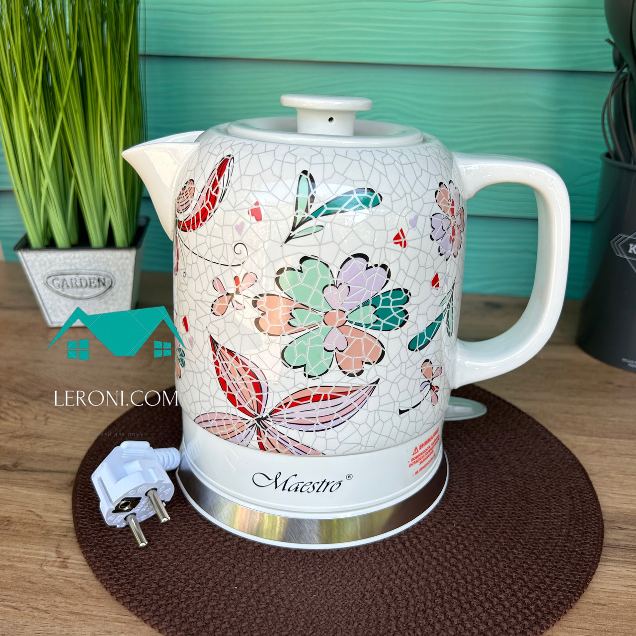 Електрочайник керамічний 1.5 л Maestro MR-068-FLOWERS Електрочайник із кераміки 1200 Вт Чайник дисковий