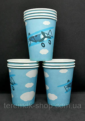 Склянки одноразові блакитні з малюнком літак у хмарах, набір паперового дитячого посуду 10 шт 250 мл