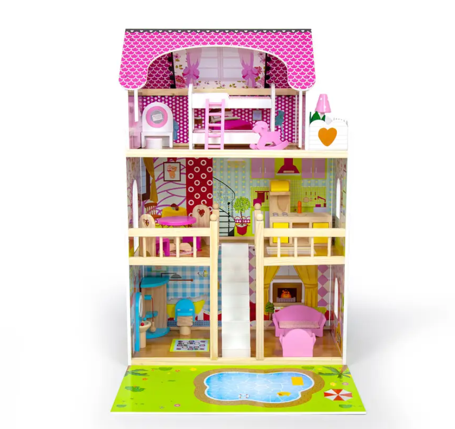 Ігровий ляльковий будиночок із дерева з LED-підсвіткою, будинок для ляльок з меблями для дівчаток 59х33х90 см MS