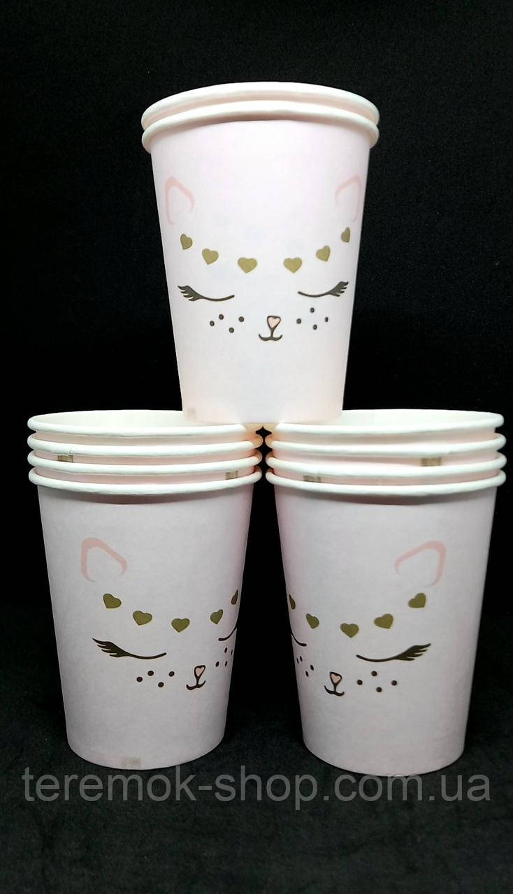 Стаканчики рожеві паперові з малюнком Кішечка, набір одноразового дитячого посуду 250 мл 10 шт, фото 1