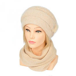 Комплект шапка і шарф з ангори в'язаний жіночий Nella бежевого кольору