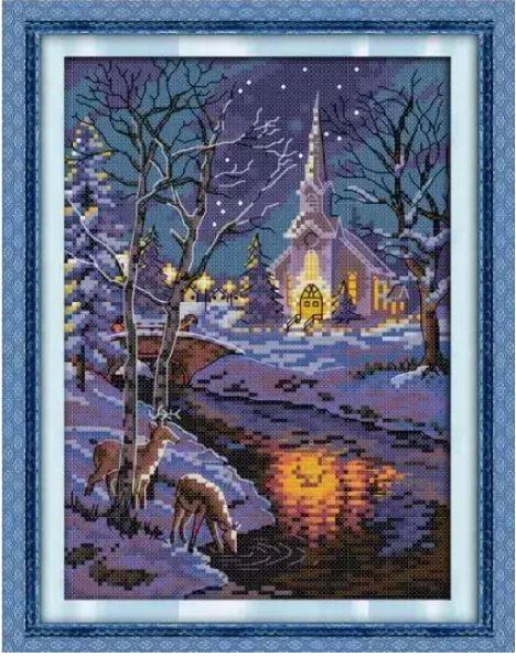 Набір для вишивання за нанесеною на канву схемою "Winter night scenes (2)".AIDA 14CT printed,21*30см