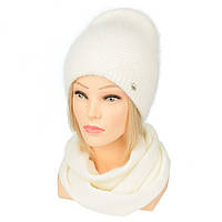 Комплект шапка и шарф вязаный женский из ангоры Linda белого цвета