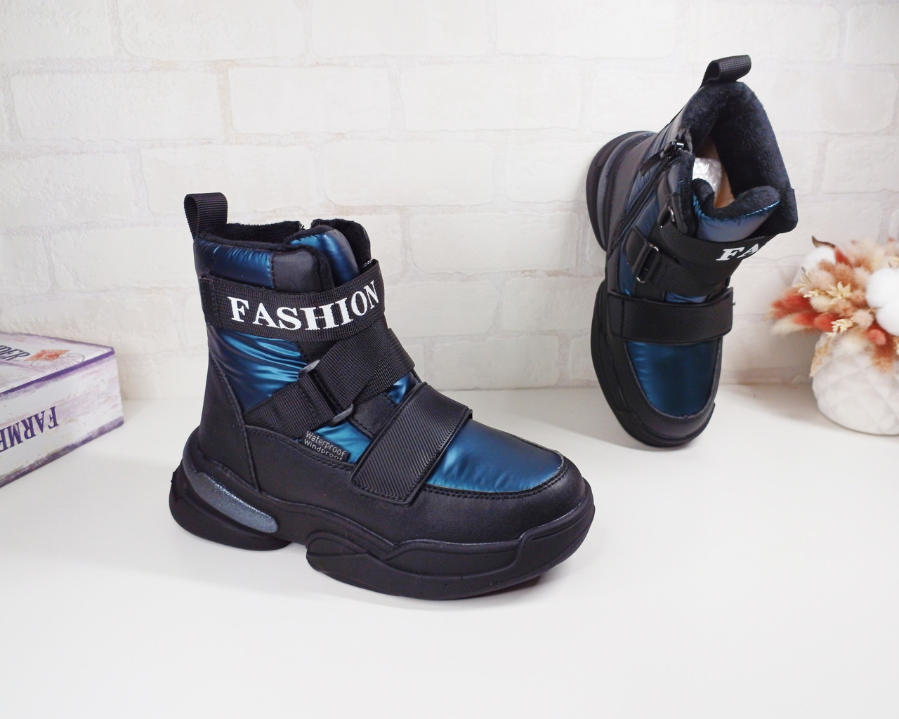 Дитячі зимові черевики дутики 34 36 36 Том.м для дівчинки хамелеон сині чорні чоботи