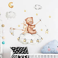Наклейка декоративна вінілова на стіну на шпалеру на меблях дитяча "Ведмедик та зайчик на хмарах" 70*66 см