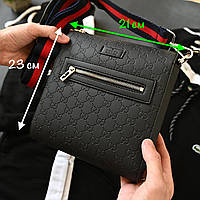 Кожаный мессенджер для парня Gucci Мужская черная барсетка Гучи Городская брендовая сумка через плечо Гуччи