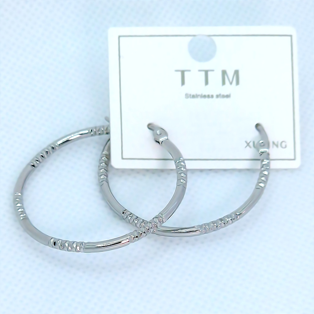 Сережки-кільця рифлені Stainless Steel. Сталь. Родій. Діаметр: 35 мм. Ширина: 2 мм.