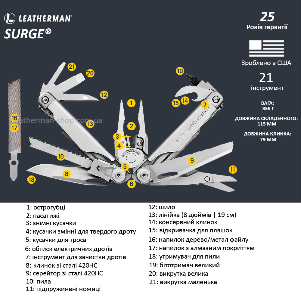 Набор Мультитул Leatherman Surge 830165 + Удлинитель битодержателя 931009 + Комплект бит Bit Kit 2 половины - фото 2 - id-p1823077661