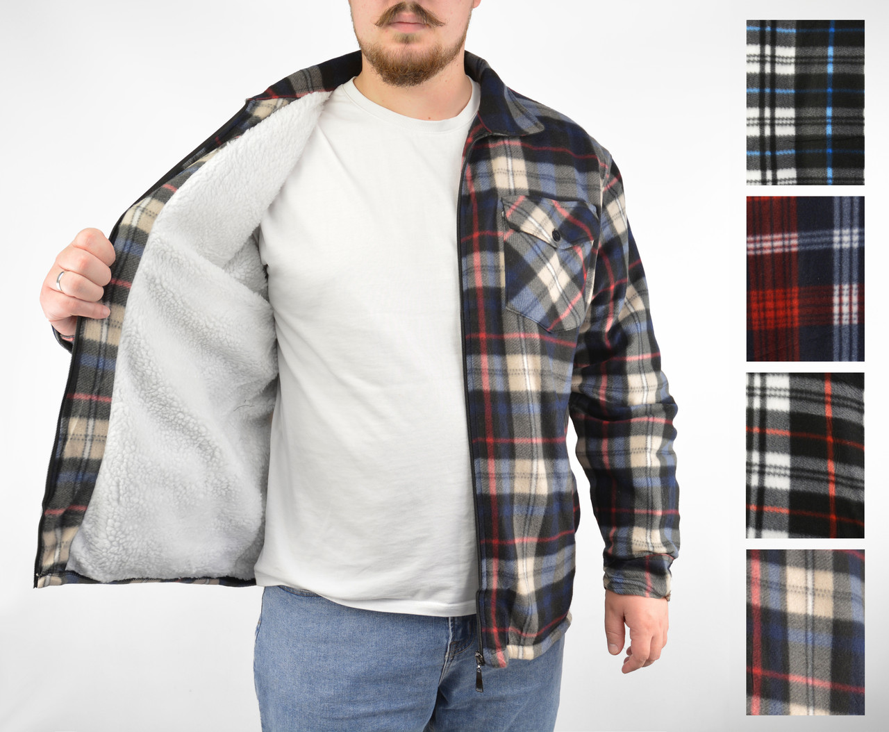 Куртка-сорочка чоловіча на хутряній підкладці Сорочка в карту на овчині L — 4XL