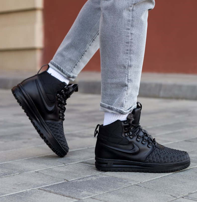 Чоловічі зимові кросівки Nike Lunar Force 1 Duckboot 17 Black Взуття Найк Лунар Форс чорні високі з хутром