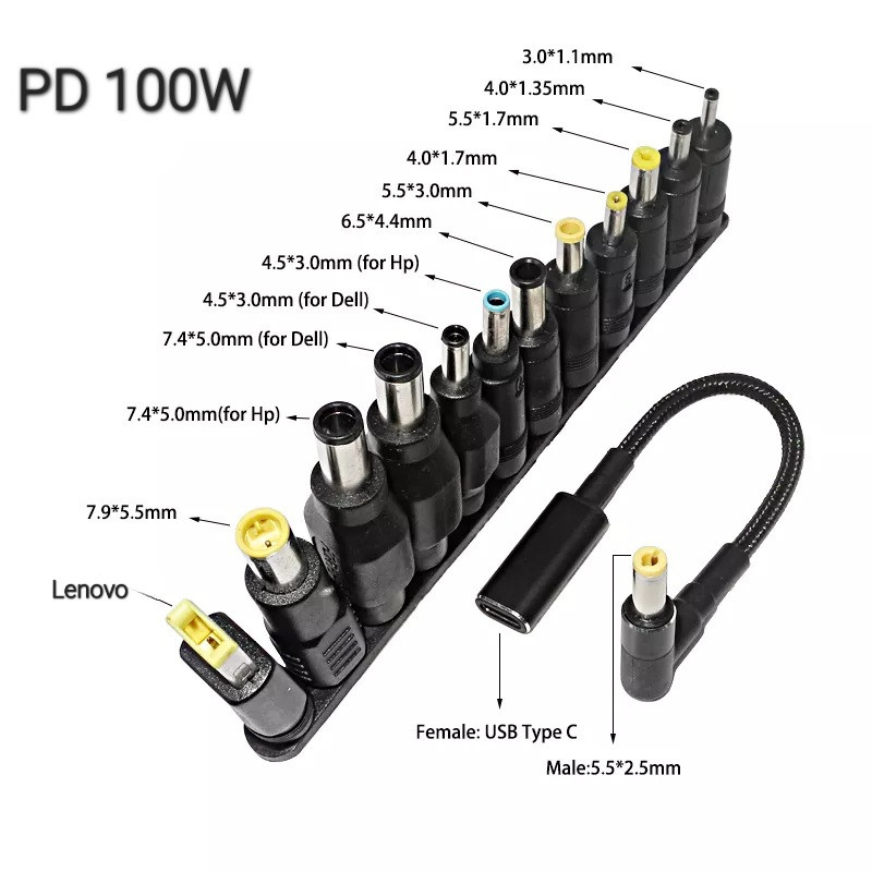 Кабель для заряджання ноутбуків Type-C на DC 5.5×2.5 з тригером 18,5-20V PD100W + комплект 12 роз'ємів.