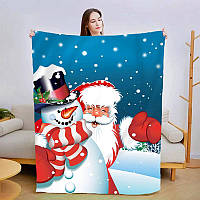 Плед новогодний Санта и Снеговик качественное покрывало с 3D рисунком размер 135х160
