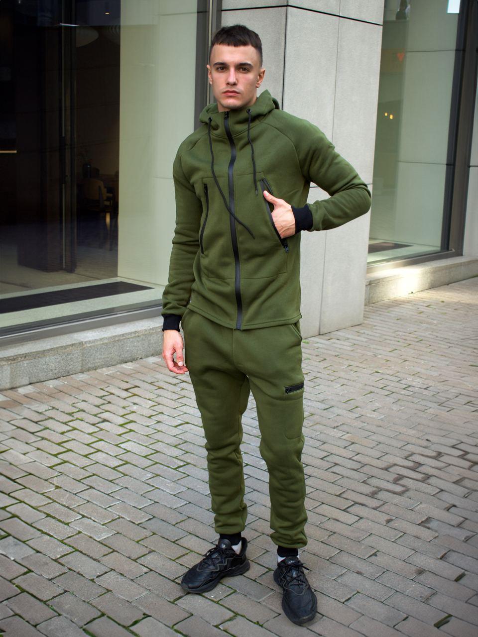 Чоловічий зимовий спортивний костюм хакі однотонний з капюшоном теплий на флісі, фото 1