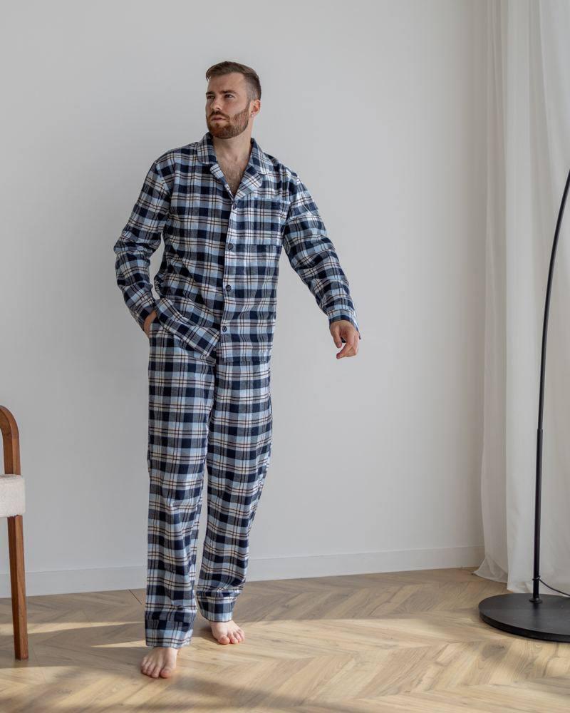 Тепла зимова фланелева чоловіча піжама двійка штани та сорочка одяг для дому, колір чорно-блакитний, фото 1
