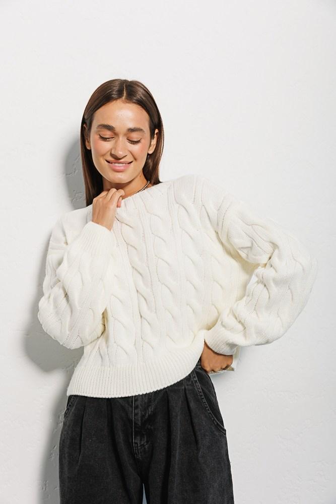 Светр жіночий в'язаний оверсайз з візерунком молочний Modna KAZKA MKAR102144-1, фото 1