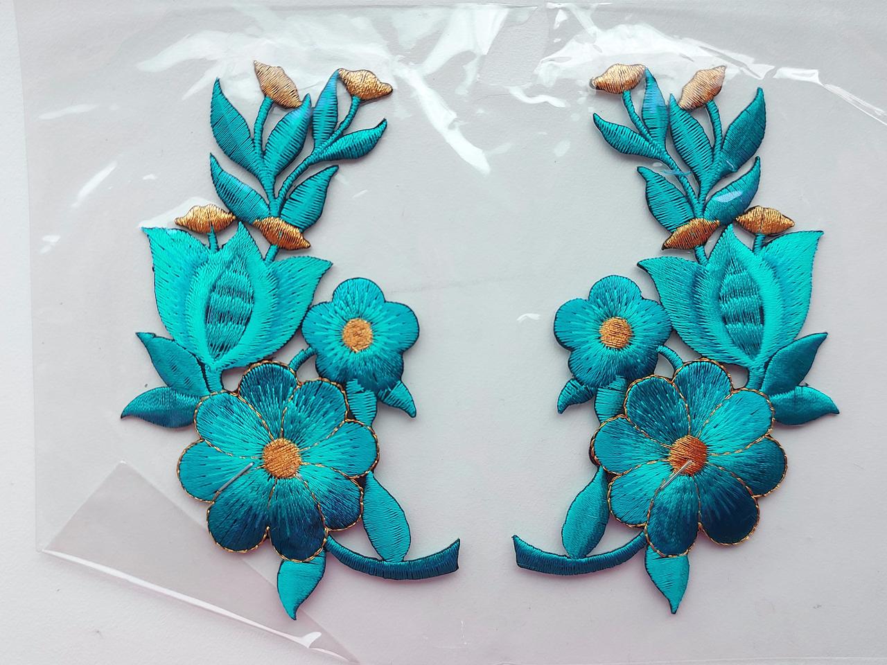 Аплікація вишивка клейові парні "Квіти", 12 см, бірюза, 1 пара