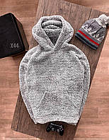 Мужское плюшевое худи (серый меланж) теплая пушистая кофта с капюшоном и карманом кенгуру sx44