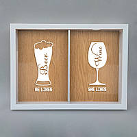 Подвійна рамка копілка "He likes beer, she likes wine" для корків, white-brown, white-brown, англійська