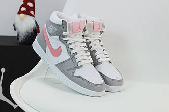 Зимові Жіночі Кросівки Nike Air Jordan 1 Winter Grey White Pink (Хутро) 36-37-38-39-40