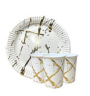 Набір одноразового посуду " Золотий мармур " Тарілки -10 шт Стаканчики - 10 шт