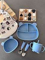 Детский набор силиконовой посуды для первого прикорма Мишка Синий на присосках + сортер