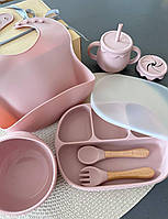 Детский набор силиконовой посуды для первого прикорма нежно розовый для девочки на присосках