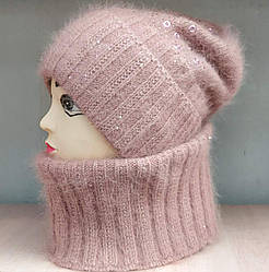 Жіноча шапка з бафом в комплекті с пайєтками в кольорах