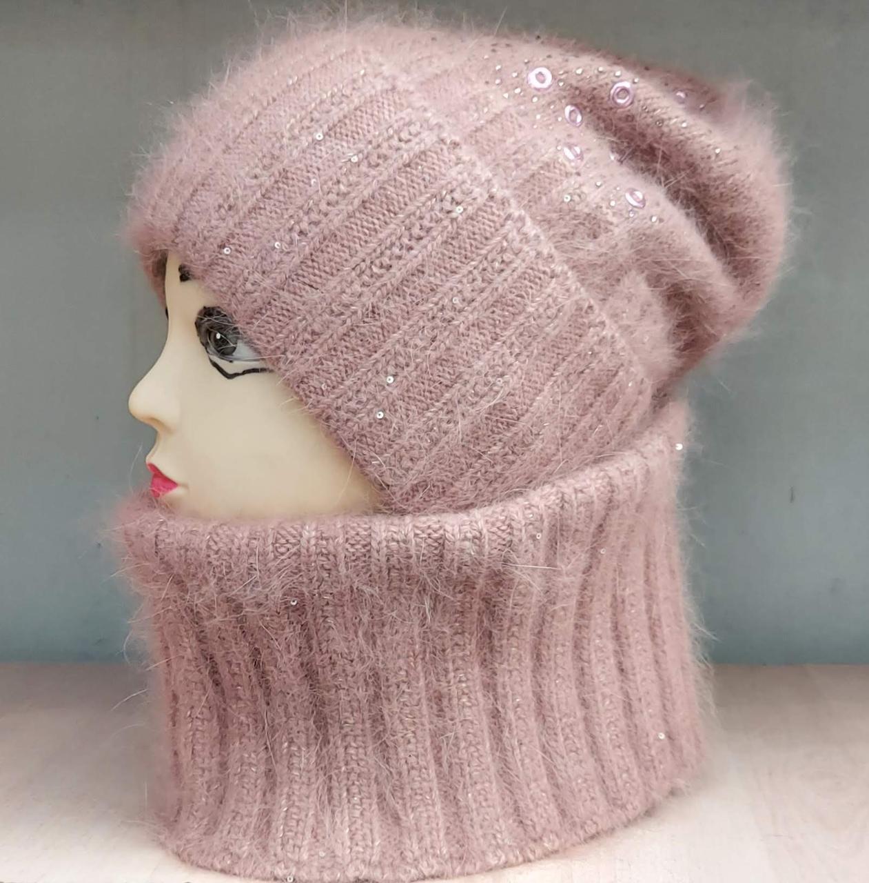 Жіноча шапка з бафом в комплекті с пайєтками в кольорах, фото 1