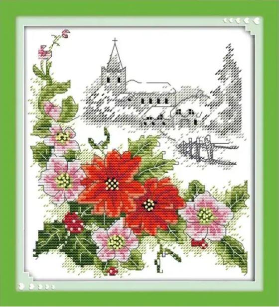 Набір для вишивання за нанесеною на канву схемою "Winter poinsettias". AIDA 14CT printed, 21*22см