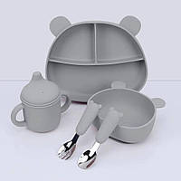 Набор детской силиконовой посуды  для первого прикорма серый  Мишка на присосках тарелки