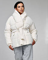 Стильна зимова об'ємна куртка оксамитова плащовка Velutto з розкішним коміром пломбір LS-8881-31