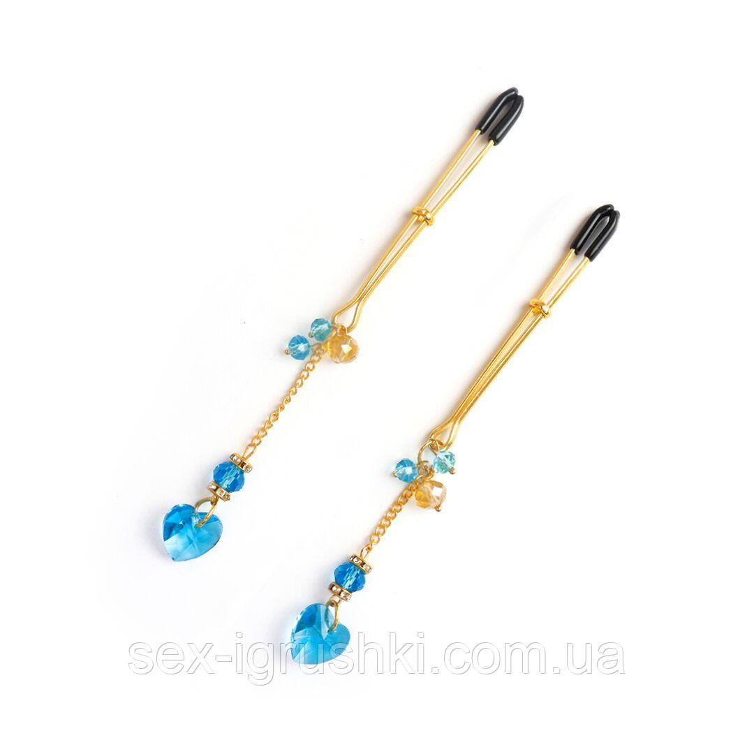 Затискачі для сосків Art of Sex - Crystal Heart Blue, золото SO8517