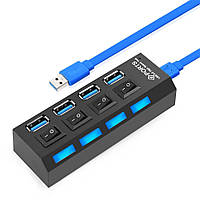 USB Хаб 4-port USB 2.0 TRY з вимикачами з підтримкою зовнішнього живлення з кабелем, що від'єднується, чорний