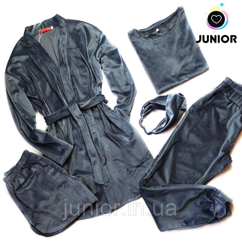 Домашній комплект для жінок 5 в 1 Сірий S Піжама та халат для дівчат Велюровий комплект для дому, фото 1