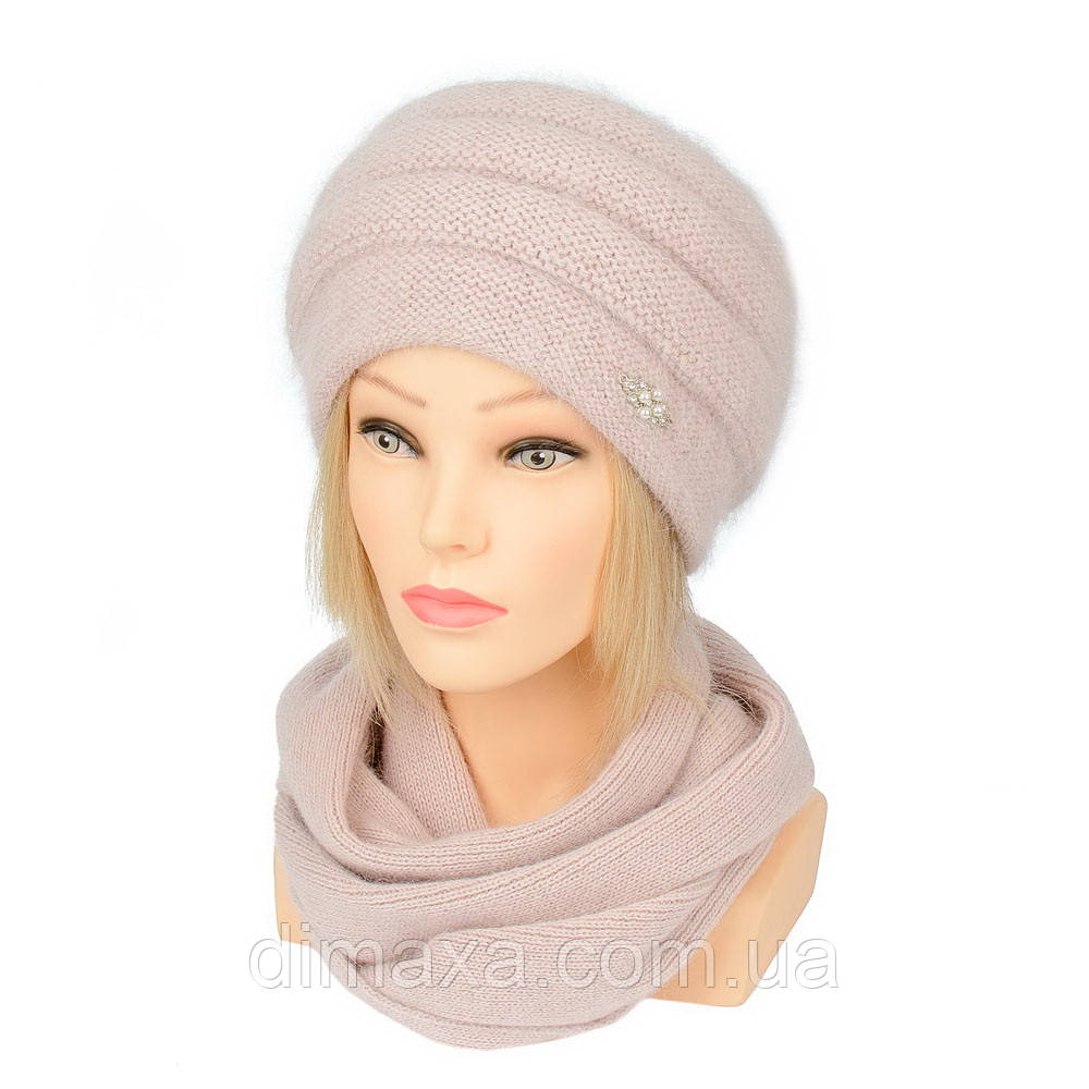 Комплект шапка и шарф из ангоры вязаный женский Arina пудровый - фото 6 - id-p1989673273
