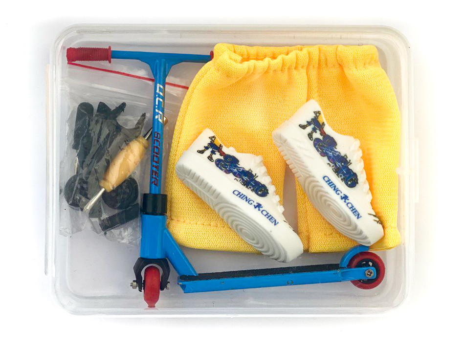 Фінгер самокат, фінгер скут з штанцями та взуттям для пальців білий, finger scooter blue