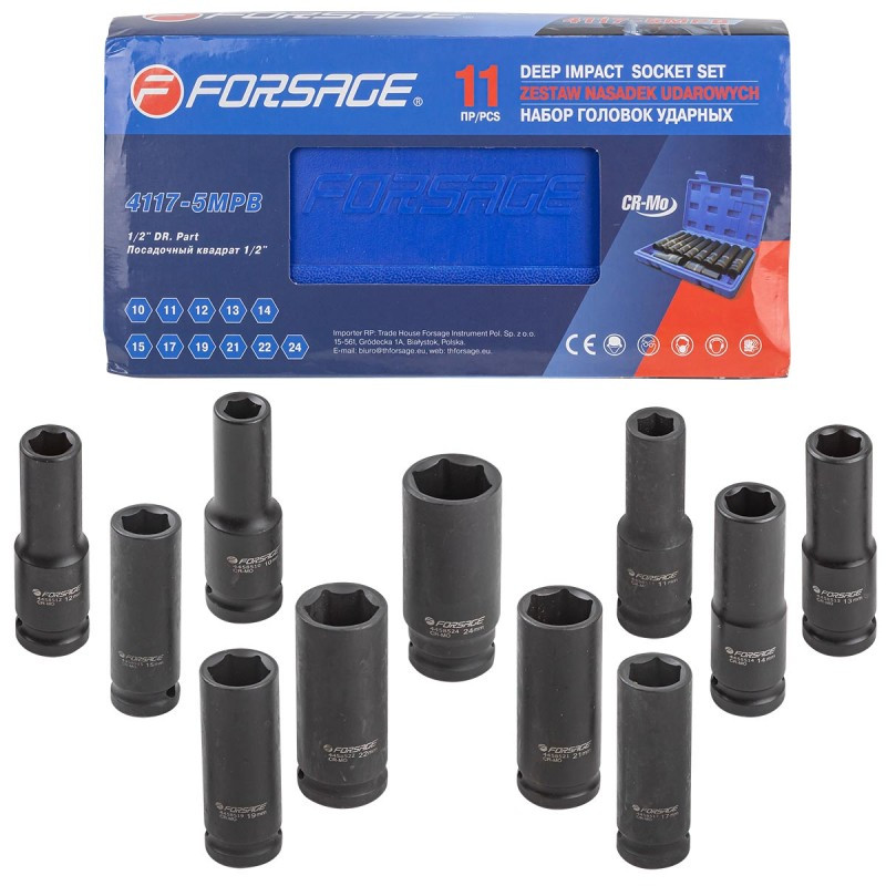 Набір ударних глибоких головок 11 предметів 1/2''(6-граней)(10-15,17,19,21,22,24) Forsage F-4117-5MPB, фото 1