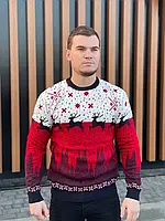 Мужской свитер с оленями бело-красный без горла M