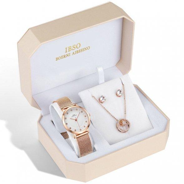 Подарунковий набір із годинником для дівчини Baosaili BOX IBSO Годинник плюс прикрашання сережки та кольє на шию Золотистий